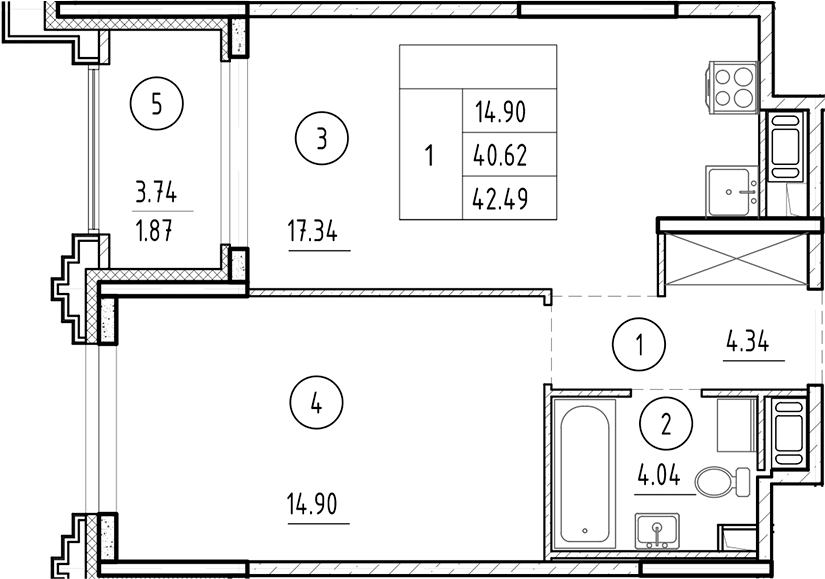 Планировка — Ассамблея, 2-комн., 41 м²