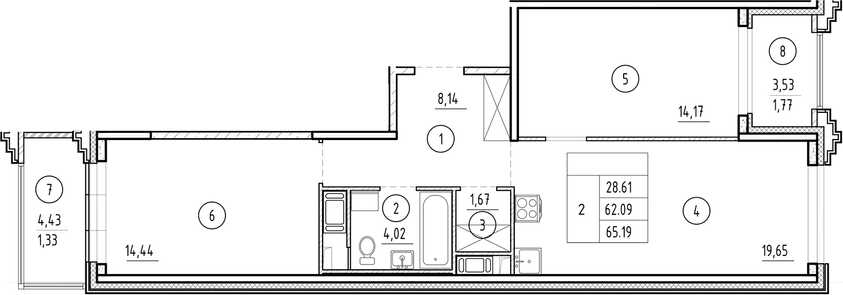 Планировка — Ассамблея, 3-комн., 62 м²