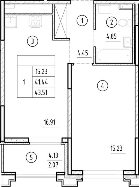 Планировка — Ассамблея, 2-комн., 41 м²