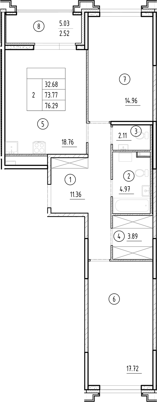 Планировка — Ассамблея, 3-комн., 74 м²