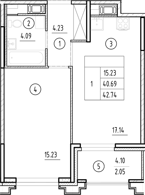 Планировка — Ассамблея, 2-комн., 41 м²