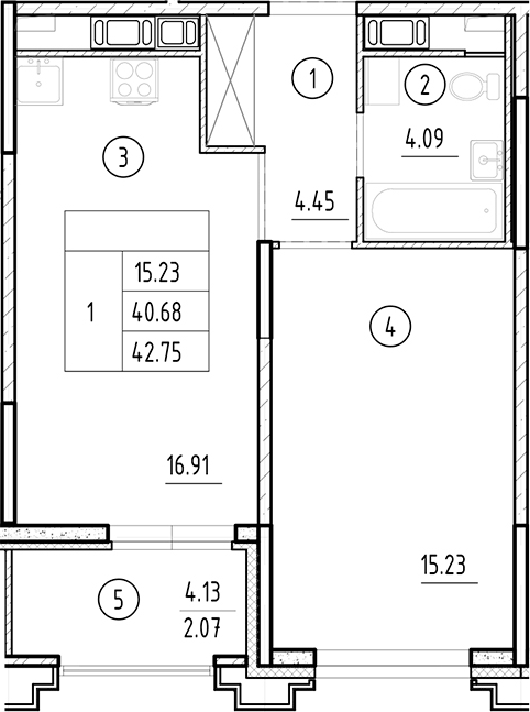 Планировка — Ассамблея, 2-комн., 41 м²