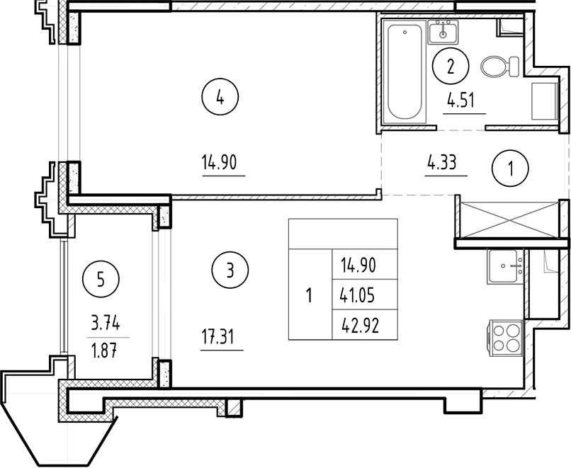 Планировка — Ассамблея, 2-комн., 41 м²