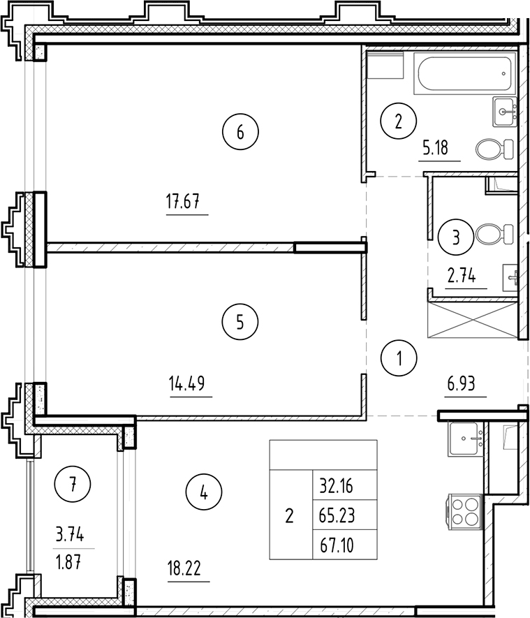 Планировка — Ассамблея, 3-комн., 65 м²