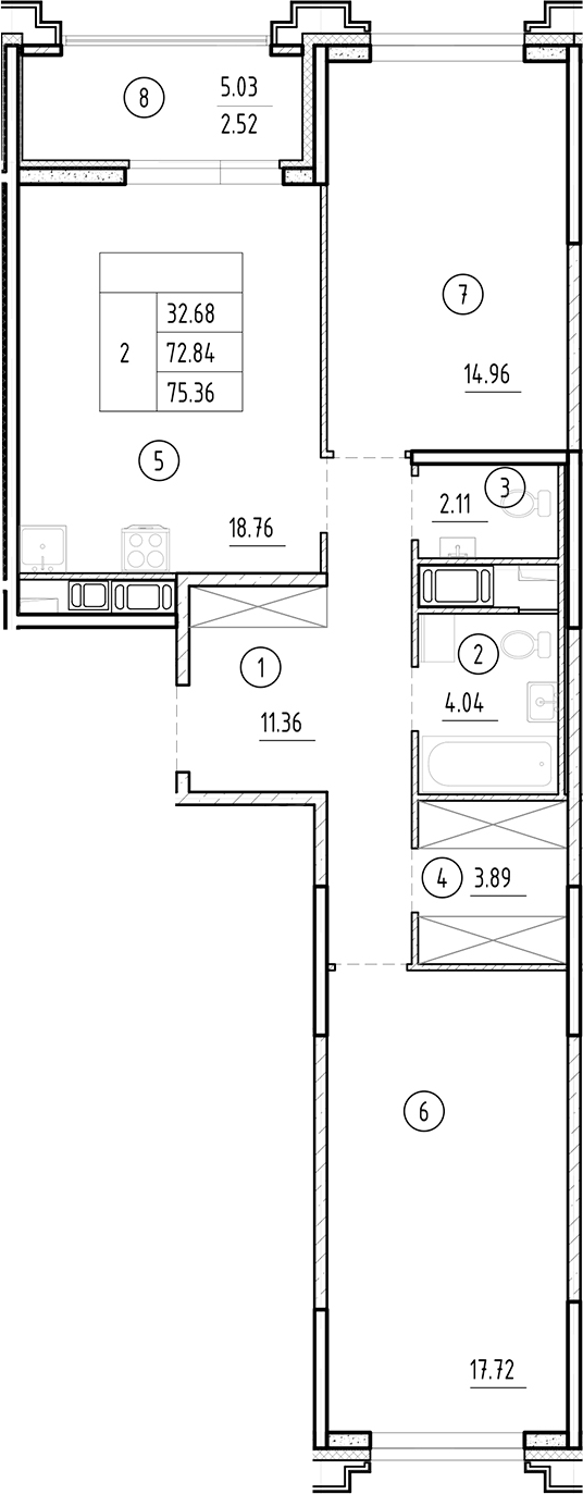 Планировка — Ассамблея, 3-комн., 73 м²