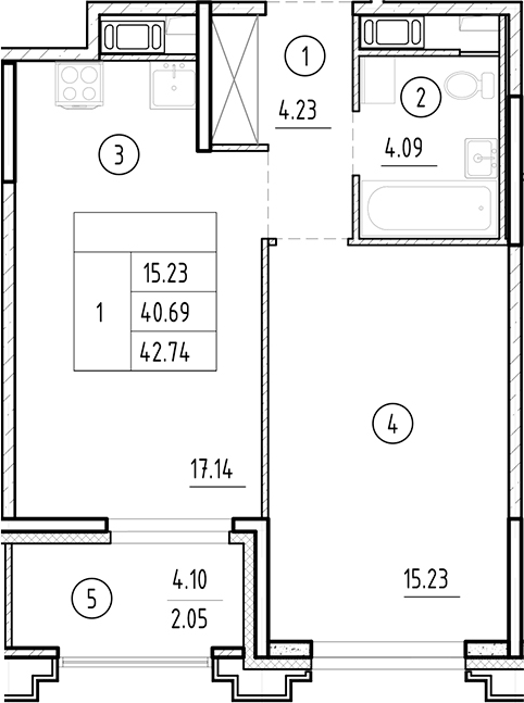 Планировка — Ассамблея, 2-комн., 41 м²