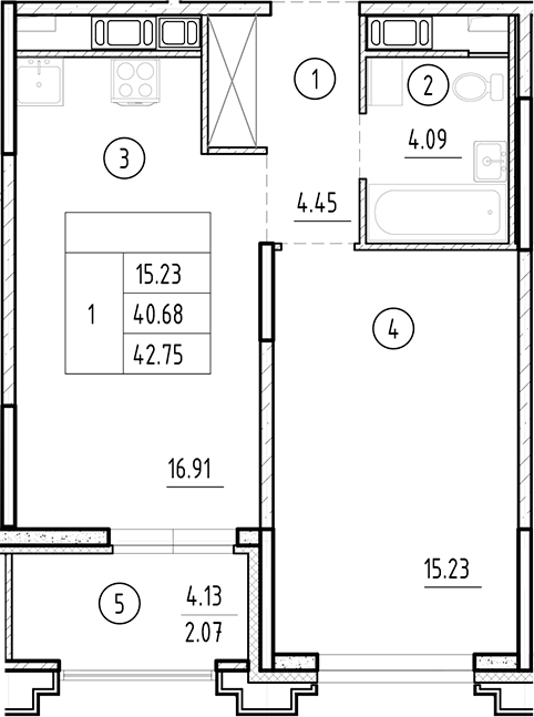 Планировка — Ассамблея, 2-комн., 41 м²