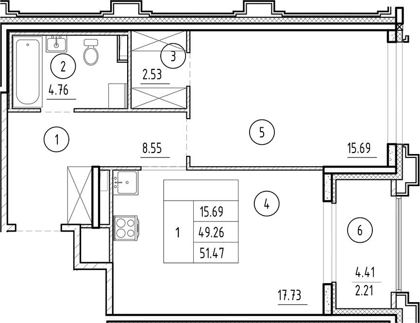 Планировка — Ассамблея, 2-комн., 49 м²