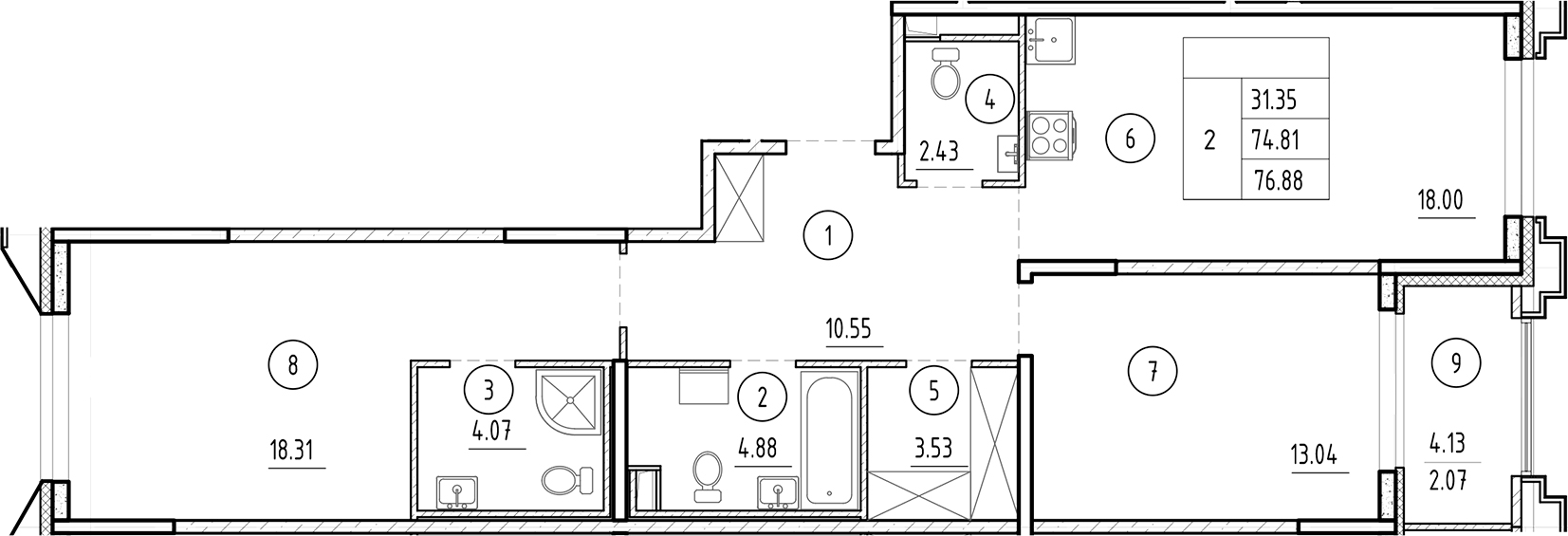 Планировка — Ассамблея, 3-комн., 75 м²