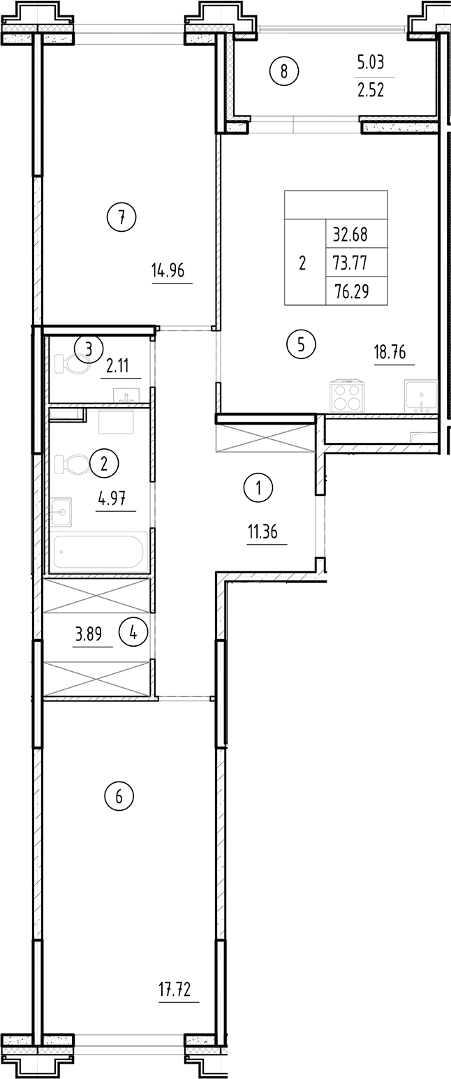 Планировка — Ассамблея, 3-комн., 74 м²