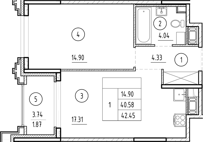 Планировка — Ассамблея, 2-комн., 41 м²