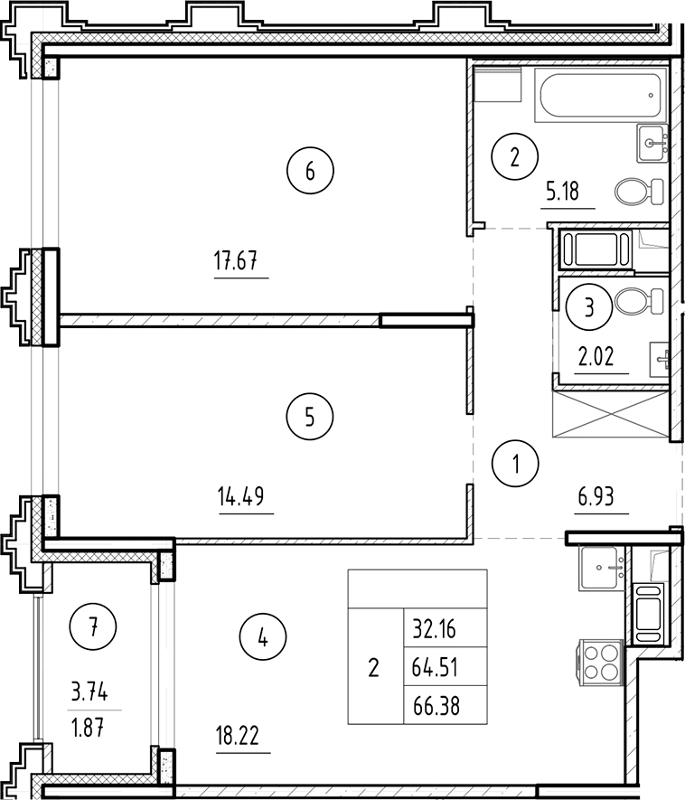 Планировка — Ассамблея, 3-комн., 65 м²