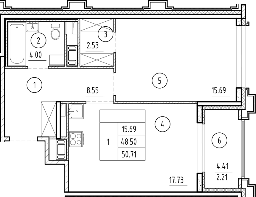 Планировка — Ассамблея, 2-комн., 49 м²