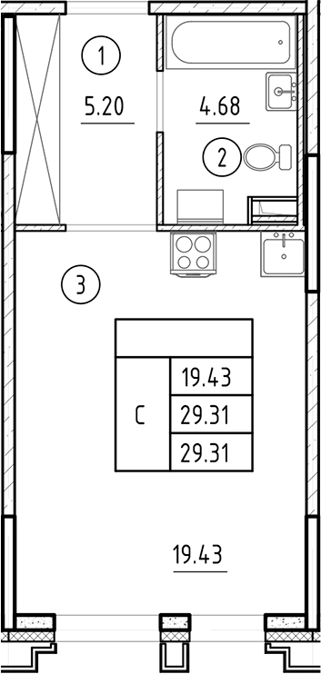 Планировка — Ассамблея, Студия, 29 м²