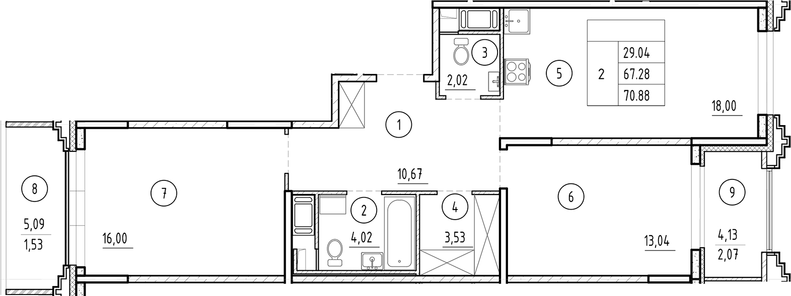 Планировка — Ассамблея, 3-комн., 67 м²
