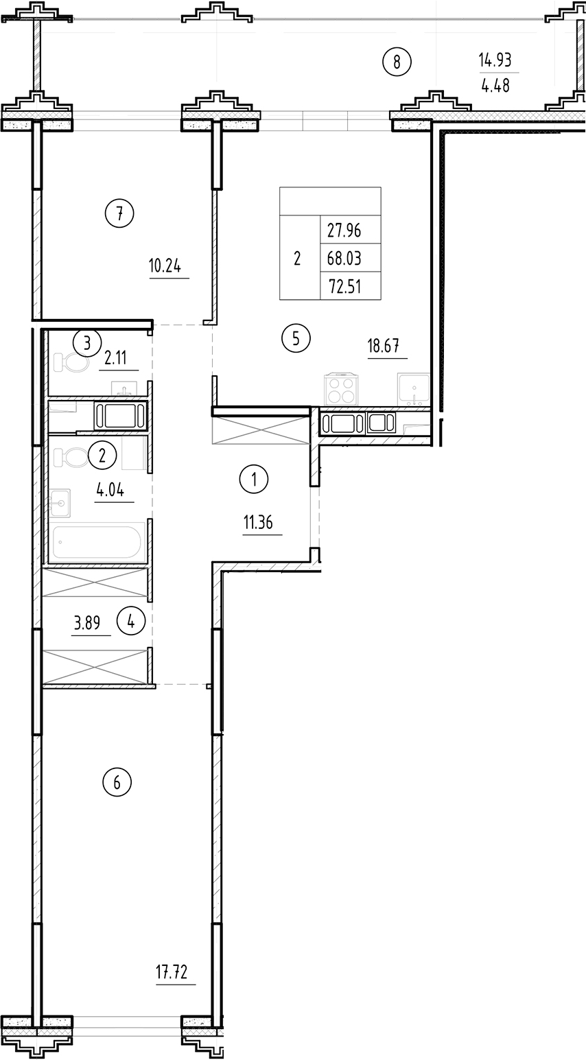 Планировка — Ассамблея, 3-комн., 68 м²