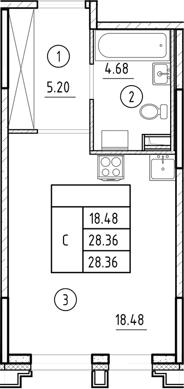 Планировка — Ассамблея, Студия, 28 м²