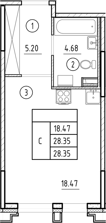 Планировка — Ассамблея, Студия, 28 м²