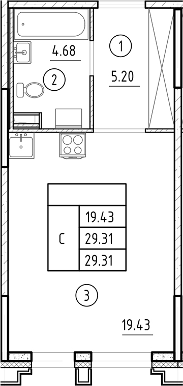 Планировка — Ассамблея, Студия, 29 м²