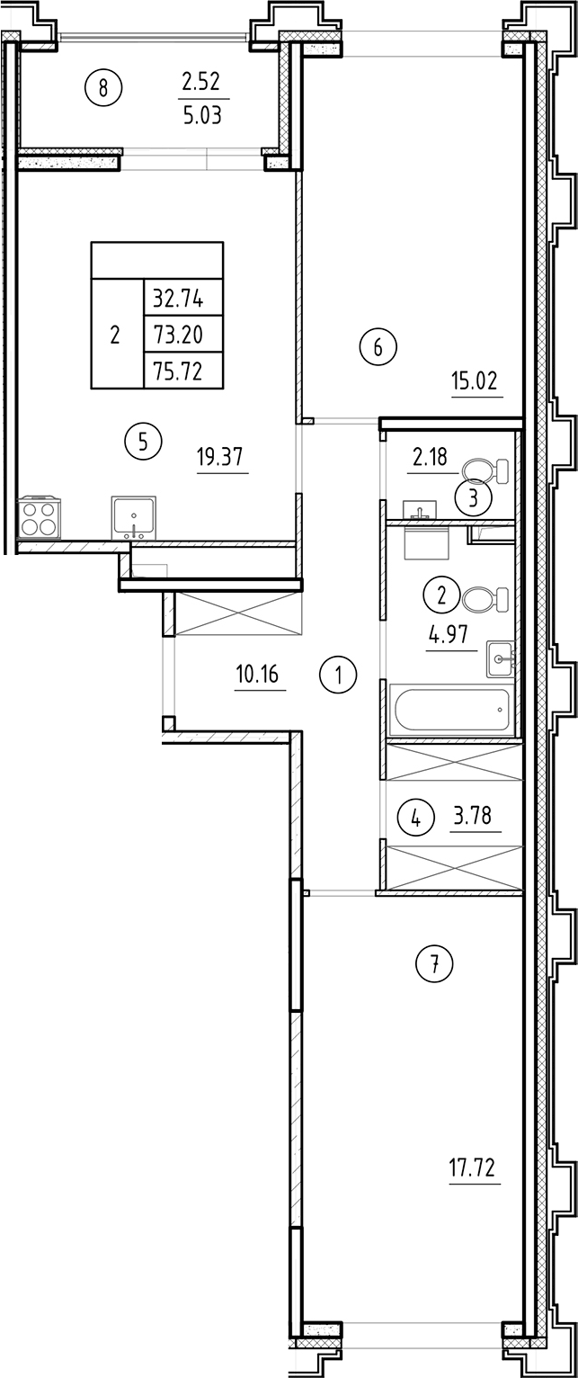 Планировка — Ассамблея, 3-комн., 73 м²
