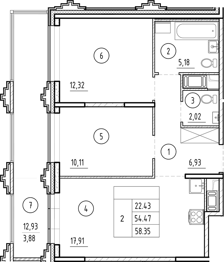 Планировка — Ассамблея, 3-комн., 54 м²
