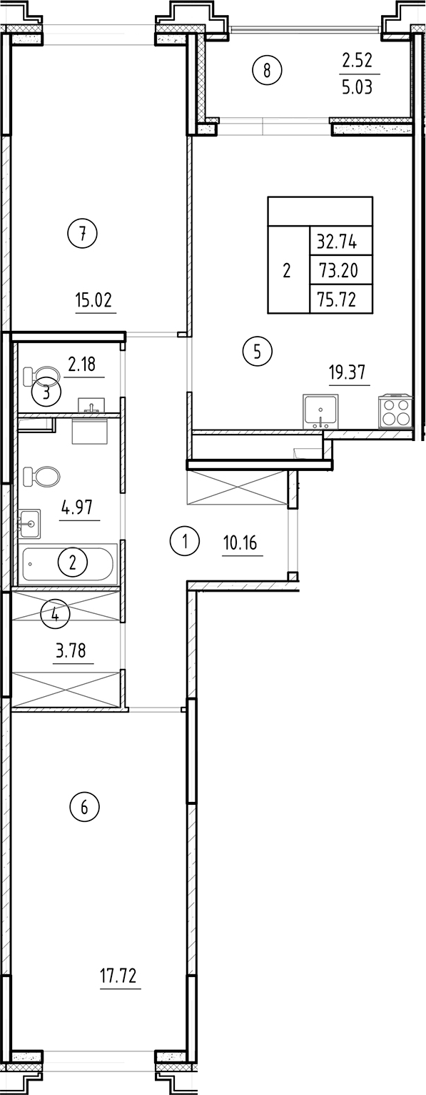 Планировка — Ассамблея, 3-комн., 73 м²