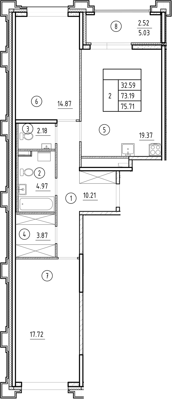 Планировка — Ассамблея, 3-комн., 73 м²