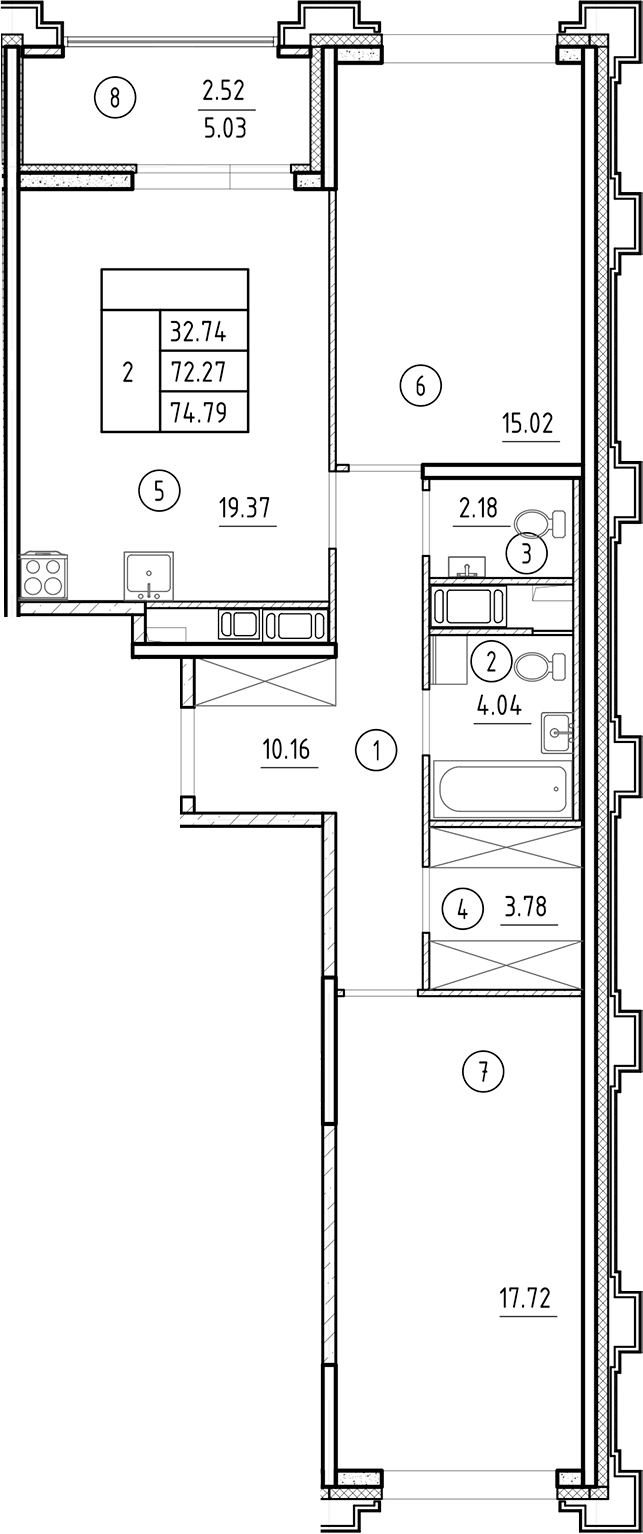 Планировка — Ассамблея, 3-комн., 72 м²