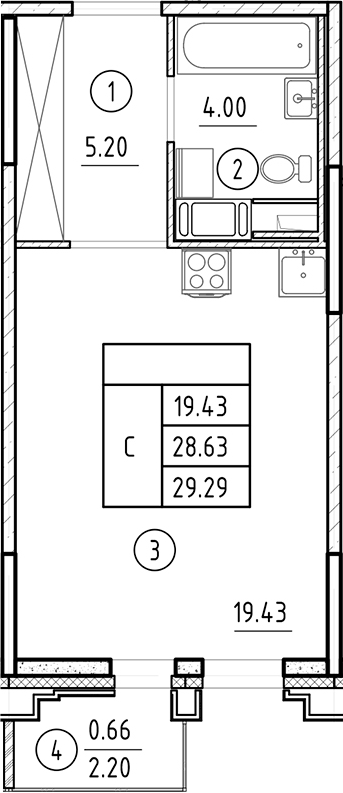Планировка — Ассамблея, Студия, 29 м²