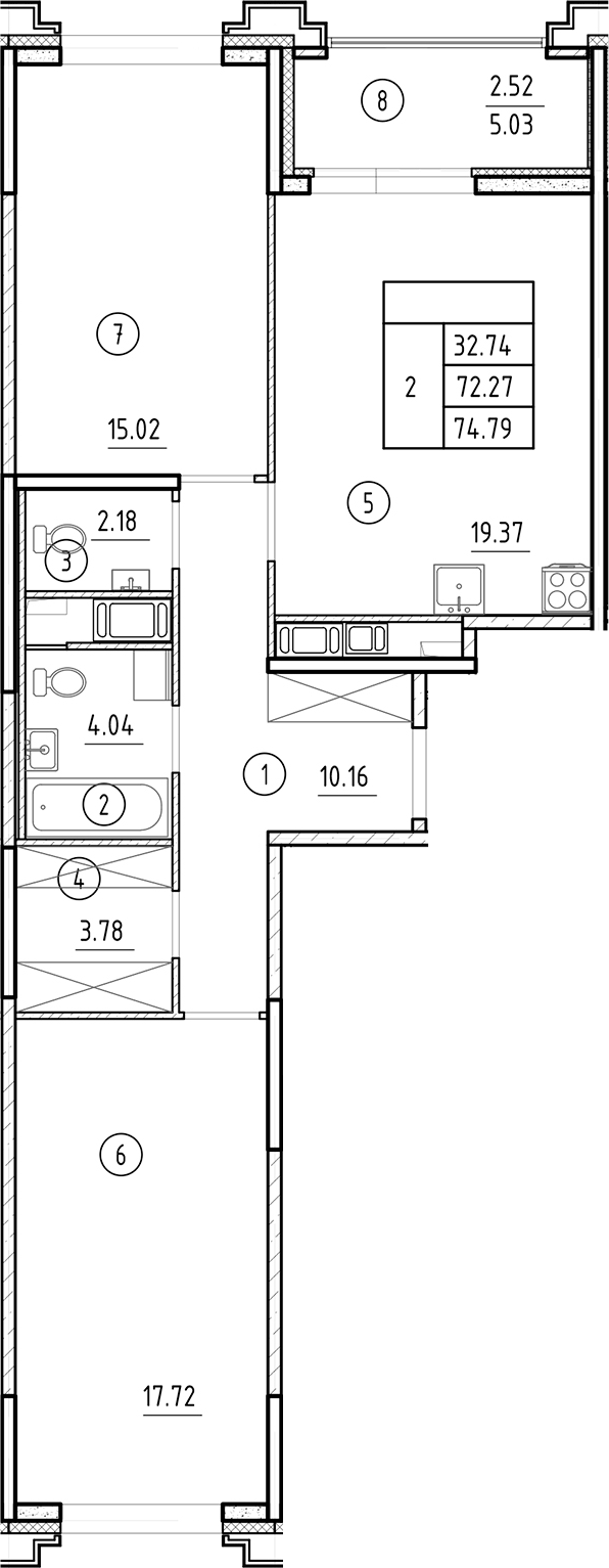 Планировка — Ассамблея, 3-комн., 72 м²