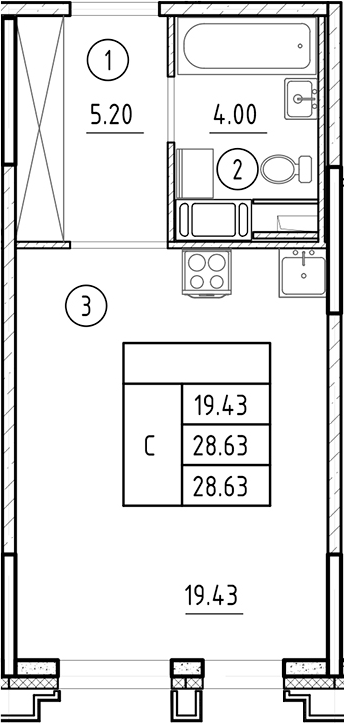 Планировка — Ассамблея, Студия, 29 м²