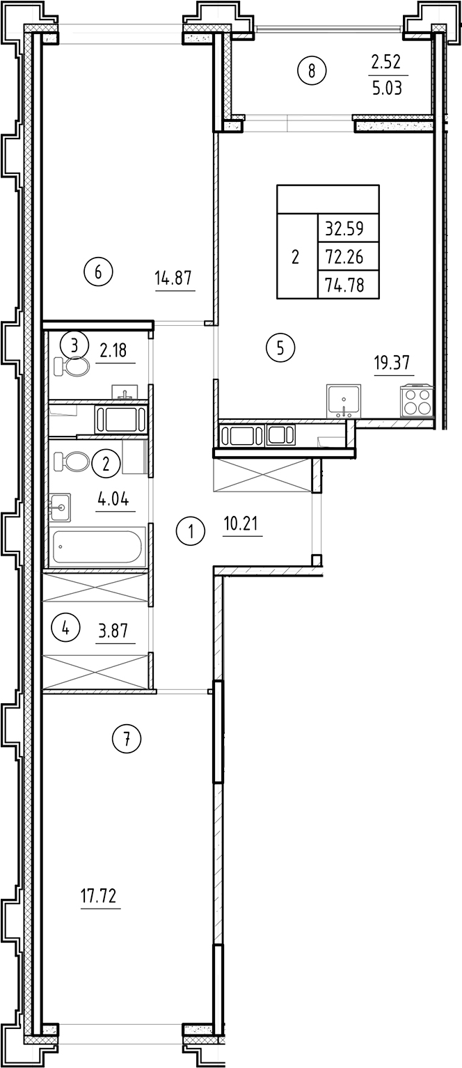 Планировка — Ассамблея, 3-комн., 72 м²