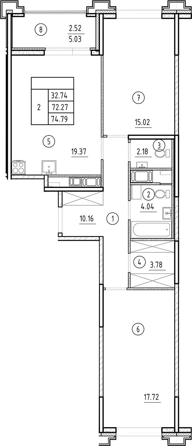 Планировка — Ассамблея, 3-комн., 72 м²