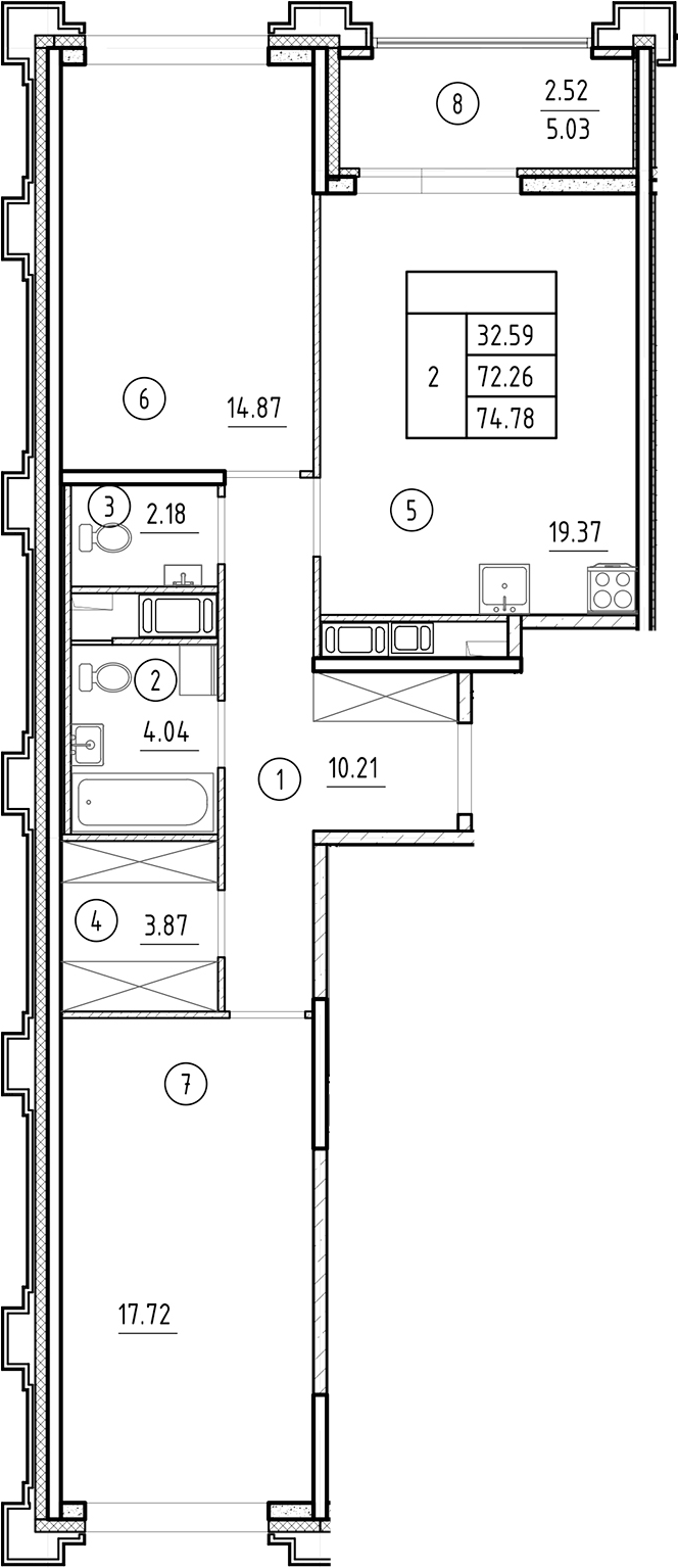 Планировка — Ассамблея, 3-комн., 72 м²