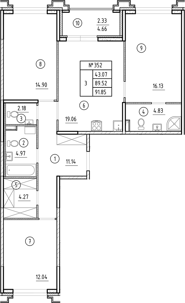 Планировка — Ассамблея, 4-комн., 90 м²