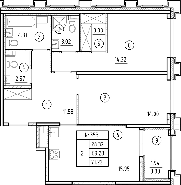Планировка — Ассамблея, 3-комн., 69 м²