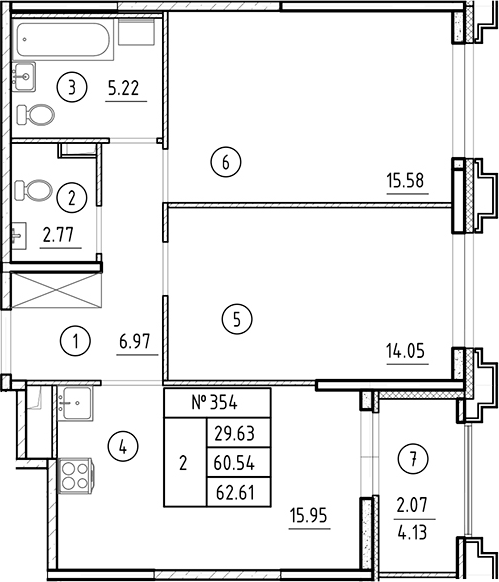 Планировка — Ассамблея, 3-комн., 61 м²