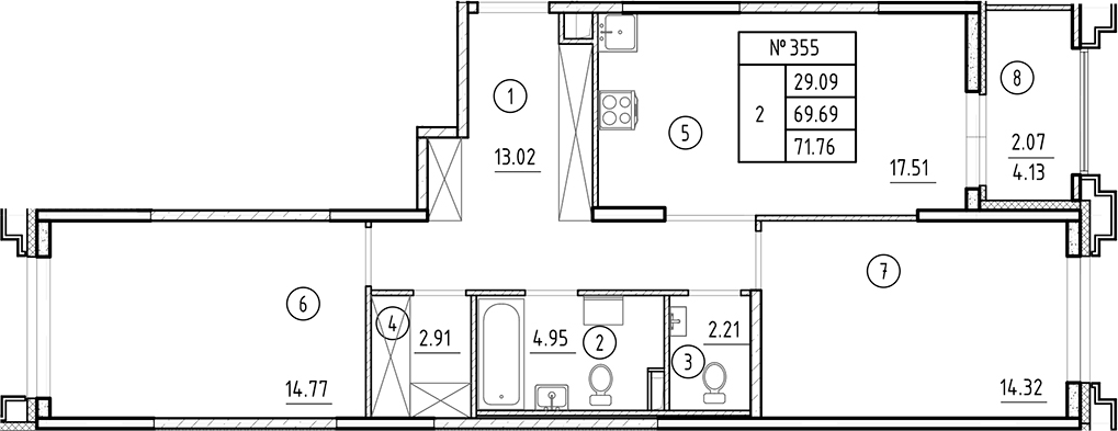 Планировка — Ассамблея, 3-комн., 70 м²