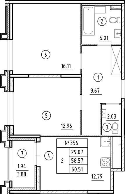 Планировка — Ассамблея, 2-комн., 59 м²