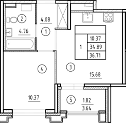 Планировка — Ассамблея, 2-комн., 35 м²