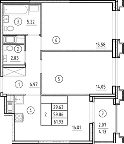 Планировка — Ассамблея, 3-комн., 60 м²