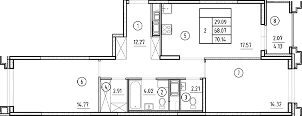 Планировка — Ассамблея, 3-комн., 68 м²