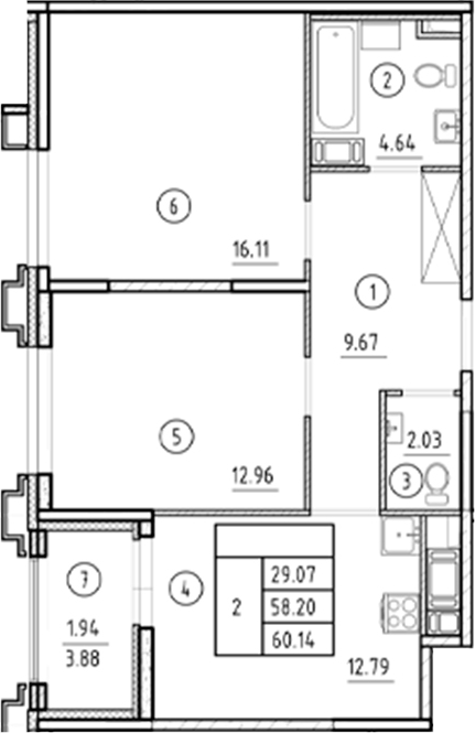 Планировка — Ассамблея, 2-комн., 58 м²