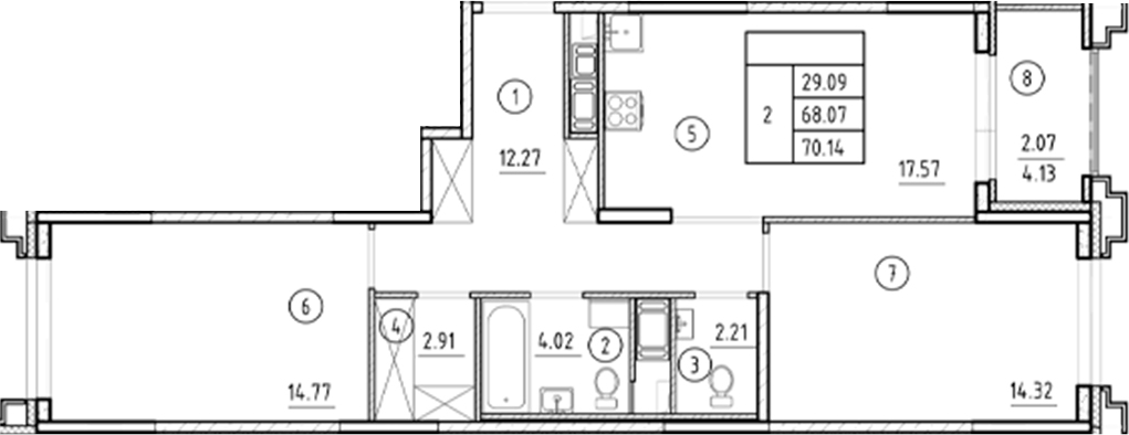 Планировка — Ассамблея, 3-комн., 68 м²