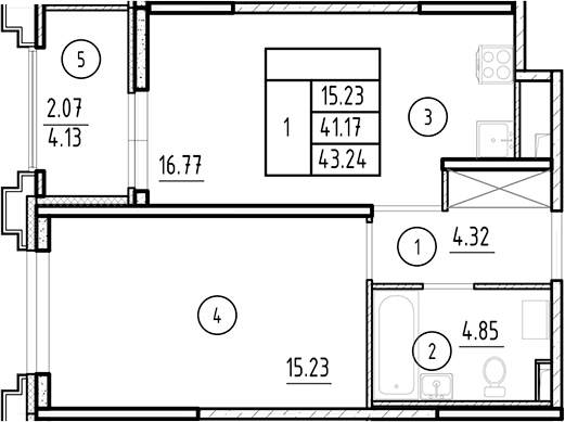 Планировка — Ассамблея, 2-комн., 41 м²