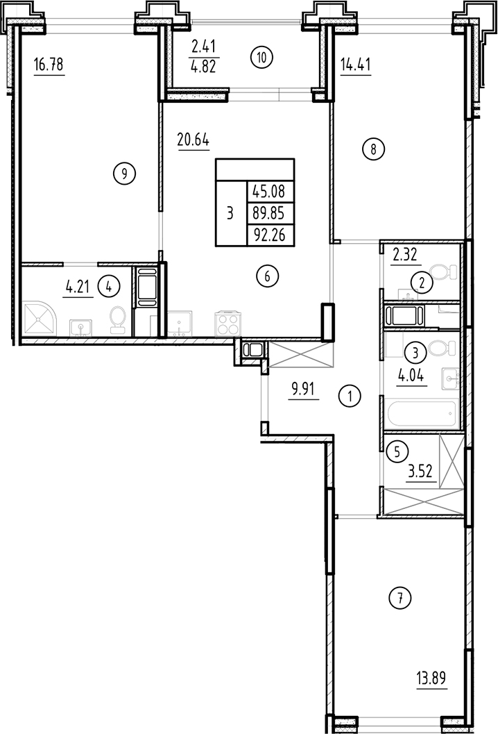 Планировка — Ассамблея, 4-комн., 90 м²