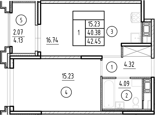 Планировка — Ассамблея, 2-комн., 40 м²