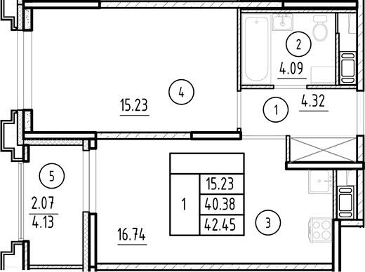Планировка — Ассамблея, 2-комн., 40 м²