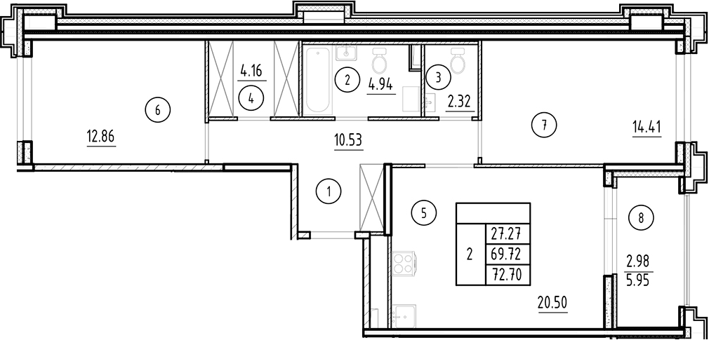 Планировка — Ассамблея, 3-комн., 70 м²