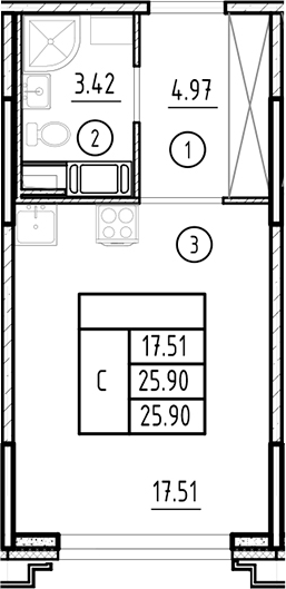 Планировка — Ассамблея, Студия, 26 м²